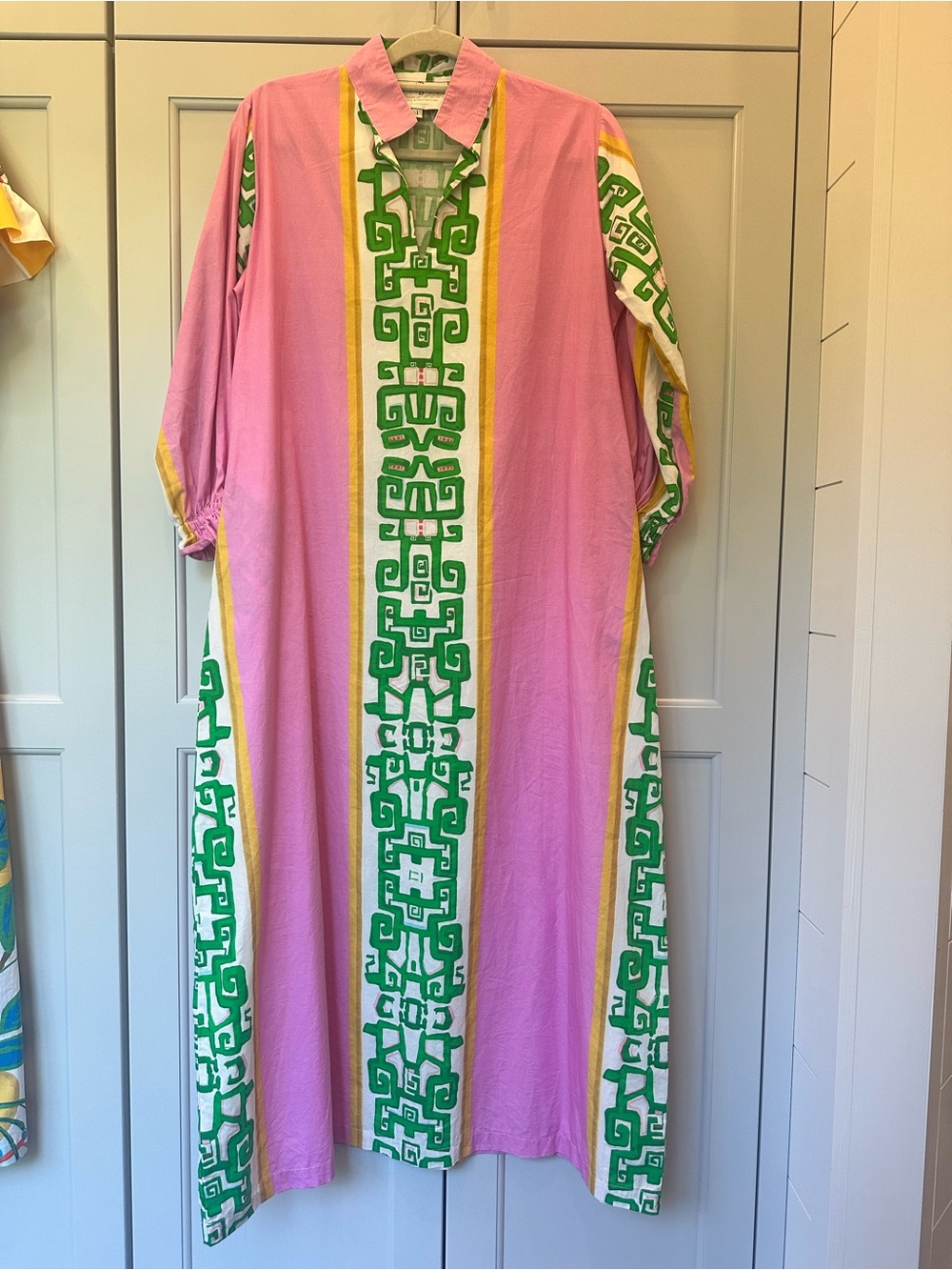 Pink & Green Maxi Dress with Geometric Trim